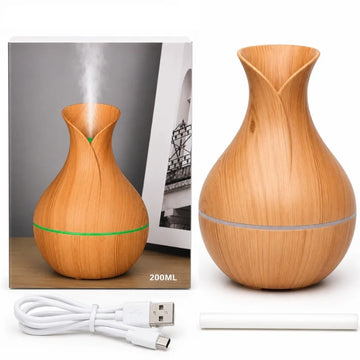 Vase-Shaped LED Humidifier | Model  JSQ07 | USB Wood Grain Ultrasonic Cold Mist Humidifier | Aromatherapy Air Freshener | 200 ml
